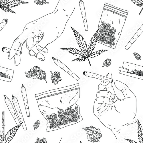 Vector seamless pattern with hands holding a cigarettes, bags with buds and cannabis leaves. Marijuana joint in a hand isolated on white background.
