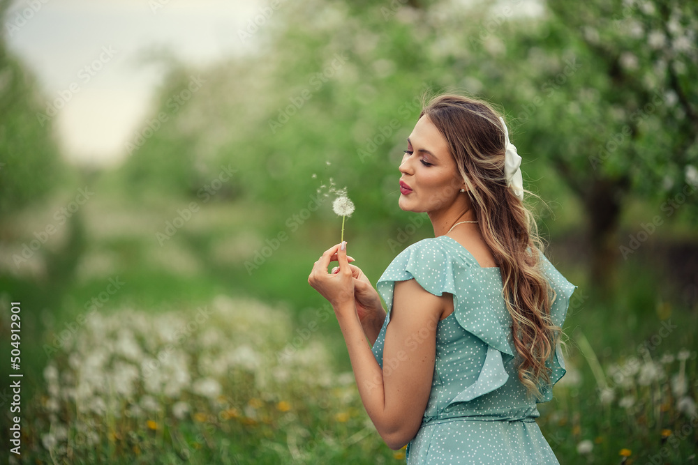 beautiful young girl in a romantic dress blows on a dandelion beautiful young girl in a romantic dress blows on a dandelion