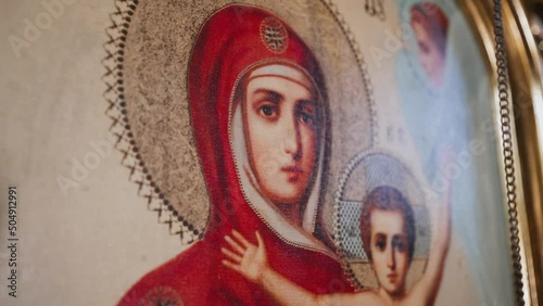  Icon of the Mother of God with the baby Jesus in her arms. Element of the interior of a religious temple. The holy picture photo