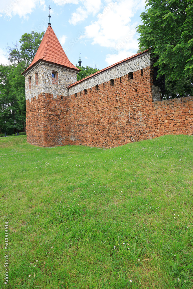 A tower and a fragment of city walls from the 14th century near Krakow, Olkusz, Poland