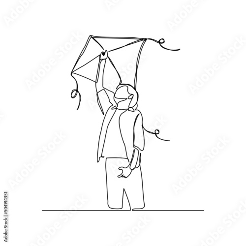 Continuous single one line art drawing of boy kids playing kite vector illustration