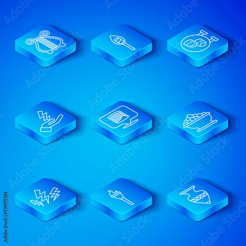 Set line Zeus, Ancient column, Torch flame, Olives in bowl, Comedy and tragedy masks, lyre and amphorae icon. Vector