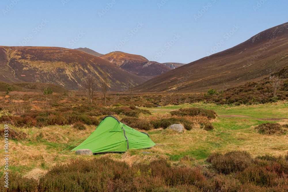 A scenic view of a green tent in a Scottish moutain valley with grass and moorland in the foreground and mountain summit in the background under a makestic blue sky
