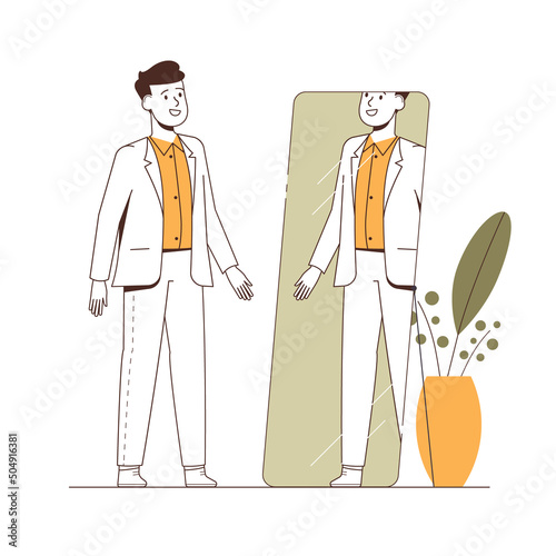 Young smiling man standing in front of the mirror and trying on suit. Outline vector illustration.