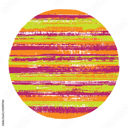 Circle vector geometric shape with striped texture of paint horizontal lines. Disk banner with old paint texture. Stamp round shape logotype circle with grunge background of stripes.