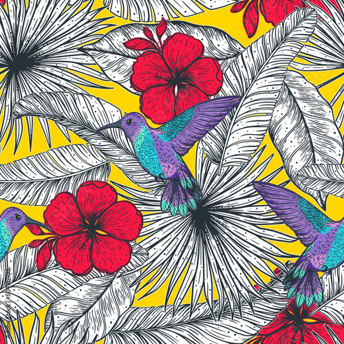 Tropical seamless pattern. Tropical design template. Hummingbird and palm leaves vector illustration. Spring and Summer design. Beautiful design for textiles. Jungle pattern. Print on cloth template.