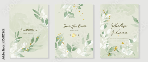 Luxury botanical wedding invitation card template. Green watercolor card with leaf branches, gold glitters, foliage, eucalyptus. Elegant garden vector design suitable for banner, cover, invitation.