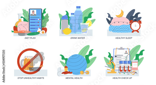 Stay healthy with a healthy lifestyle plan. Nutrition, sports, sleep and the rejection of bad habits. Flat vector illustration. Eps10