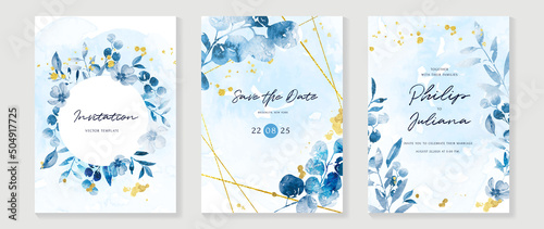 Luxury botanical wedding invitation card template. Blue watercolor card with leaf branches, gold glitters, eucalyptus, foliage. Elegant garden vector design suitable for banner, cover, invitation.