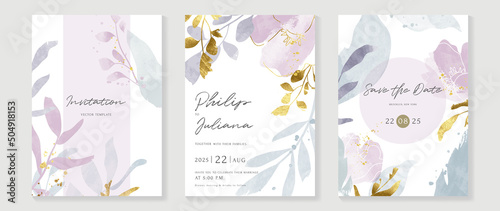 Luxury botanical wedding invitation card template. Purple watercolor card with leaf branches, gold glitters, foliage, eucalyptus. Elegant garden vector design suitable for banner, cover, invitation.