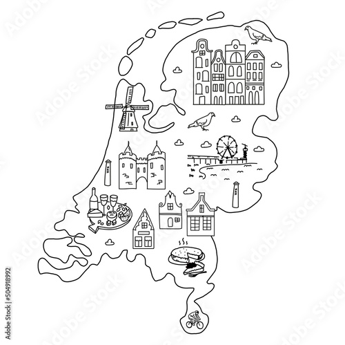 Doodle illustrated map of Netherlands. Travel illustration with holland landmarks