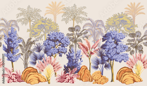 Tropical vintage landscape, rock, trees, palms, bush floral seamless border. Jungle botanical mural. photo