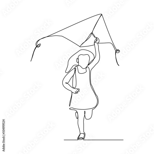 Continuous single one line art drawing of girl kids playing kite vector illustration