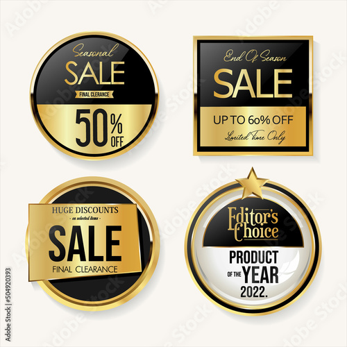 Collection of golden badges and labels retro super sale style