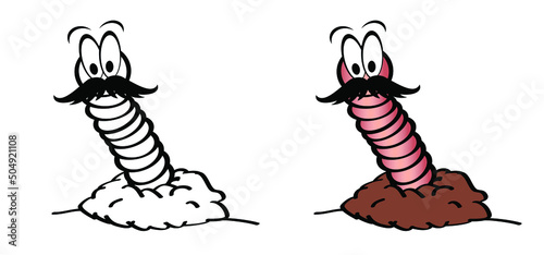 Cartoon happy worm with moustache or beard in the ground. crawling worm. Vector crawl or creep earthworm on bottom. Worms, insect with cute face, eyes, earth worm mascot. creeping insects. Fich food