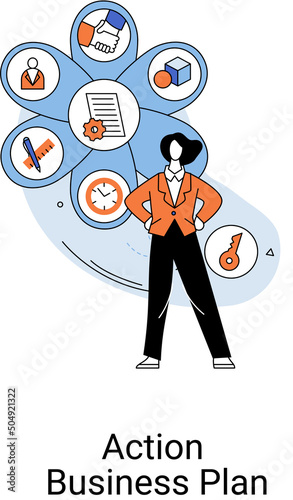 Action business plan, development strategies, foreseeing market risks. Company success secret, idea growing business achieve target metaphor, study production and sales market. Strategic biz planning