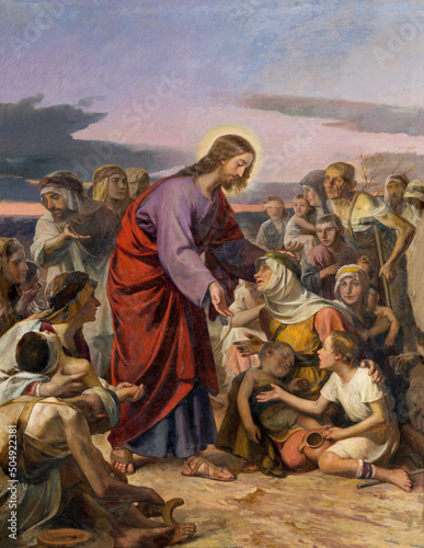 Valokuvatapetti VALENCIA, SPAIN - FEBRUAR 17, 2022: The painting of Jesus among the children in the church Basilica Sagrado Corazon from year 1897