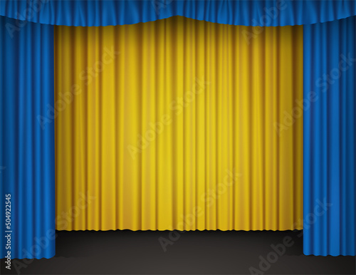 Blue and yellow velvet curtains on theater stage. Vector realistic background with silk curtains with drapery in drama theatre, cinema, comedy show, circus or performance podium