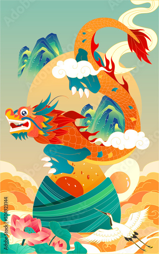 Dragon boat race on dragon boat festival, eating rice dumplings, celebrating traditional festival activities, Chinese dragon, vector illustration