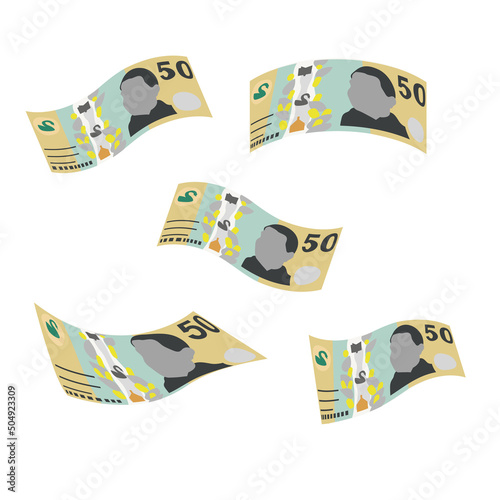 Australian Dollar Vector Illustration. Australia money set bundle banknotes. Falling, flying money 50 AUD. Flat style. Isolated on white background. Simple minimal design.
