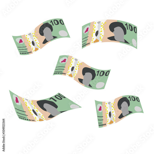 Australian Dollar Vector Illustration. Australia money set bundle banknotes. Falling, flying money 100 AUD. Flat style. Isolated on white background. Simple minimal design.