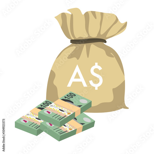 Australian Dollar Vector Illustration. Australia money set bundle banknotes. Money bag 100 AUD. Flat style. Isolated on white background. Simple minimal design.