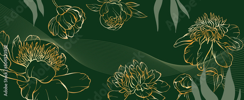 Banner with with golden flowers tulips.Engraving floral green background