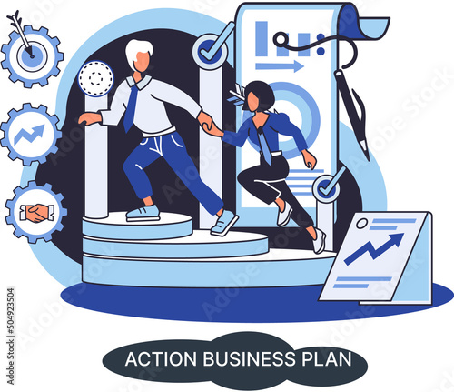 Action business plan, development strategies, foreseeing market risks. Company success secret, idea growing business achieve target metaphor, study production and sales market. Strategic biz planning