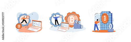 Cryptocurrency bitcoin mining metaphor Blockchain exchange platform. Cyber banking procedures, bitcoin trading, wallet. Ecurrency transactions. Digital currency, cryptocurrency market, hidden mining