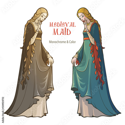 Medieval gossiping chamber maid. Medieval gothic style character concept art. Color and Monochrome drawing isolated on white background. EPS10 vector illustration