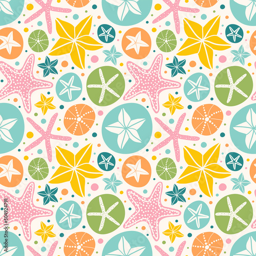 Seamless vector pattern with sea stars, shells and sand dollars in retro unisex palette. Great for baby shower, baby clothes textile, fabric, wallpaper in the nursery.