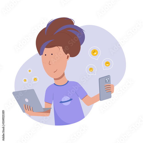 Guy with phone and laptop in hands, from which emoticons fly out