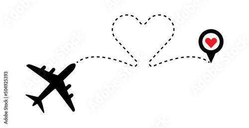 Love to travel concept illustration. Airplane with dotted line, map pin, red heart vector. Travel, transport concept illustration to use in tourism, summer holiday, business travel projects. 