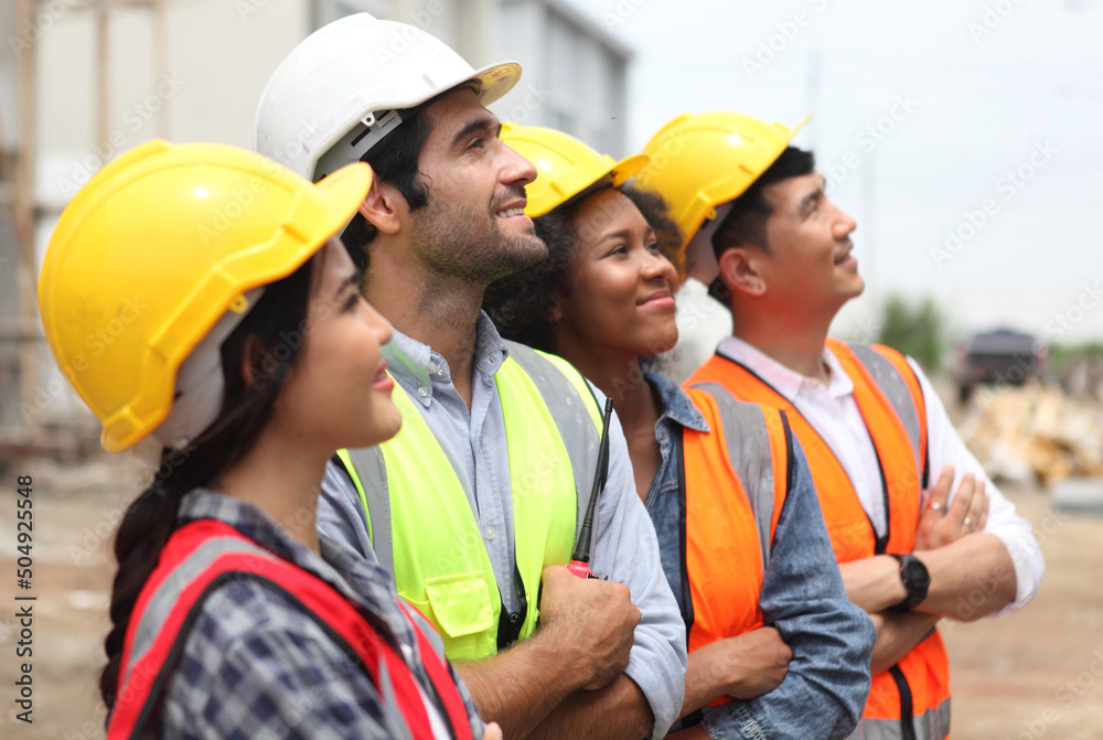 Diverse Team of Specialists engineering on Construction Site. Real Estate Building Project with Civil Engineer, Architect, Business Investor and General Worker Discussing Plan Details. - obrazy, fototapety, plakaty 
