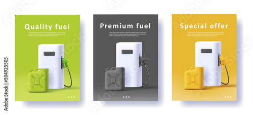 Set of Poster for gas station with fuel equipment and canisters 3d illustration. Vector illustration