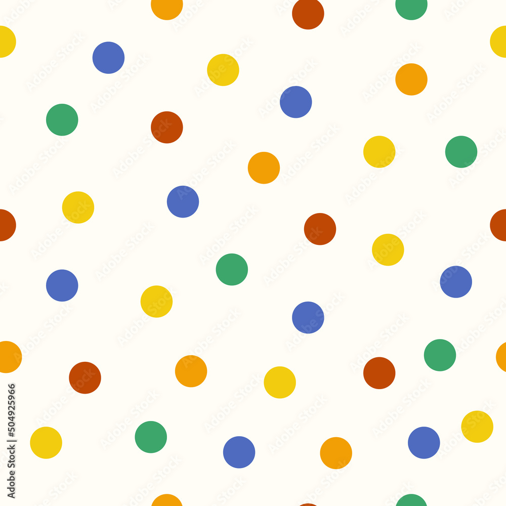 Simple seamless pattern with simple colorful red, blue, yellow, green, orange circles. Repeatable pastel minimalistic background. Cute kids pattern