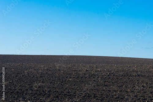 Ploughed field and blue sky as background.
