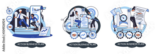 Action business plan, development strategies, foreseeing market risks. Company success secret, idea growing business achieve target metaphor, study production and sales market. Strategic biz planning