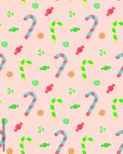 Seamless pattern with candy canes, swirl caramels and wrapped candies.