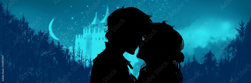 ロマンス映画風キスするカップルの白黒シルエットイラストと聳え立つ中世風のお城と森の背景 Illustration Stock | Adobe