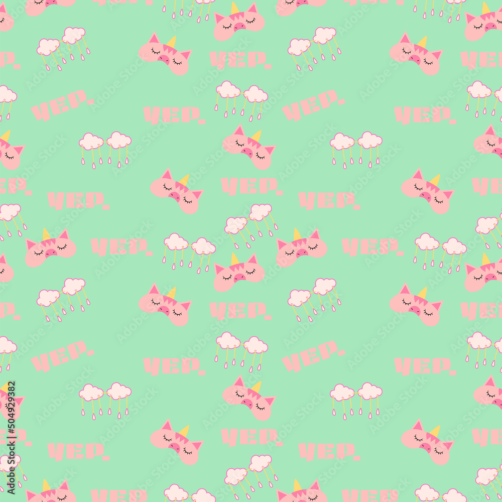 Cute seamless pattern on a green background with cozy girly things and cute lettering.
Texture for scrapbooking, wrapping paper, invitations. Vector illustration.