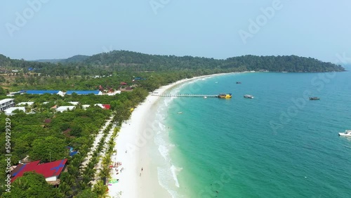 The panoramic view of Long Set Beach and its tropical vegetation on the island of Koh Rong in Asia, Cambodia, towards Sihanouk city, in summer, on a sunny day.