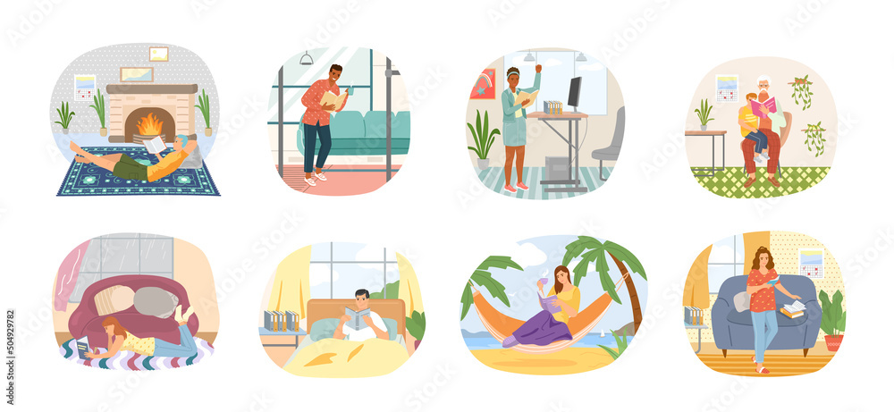 Reading people flat character set with books magazines literature isolated vector illustration. Young male and female readers dressed in trendy clothes relaxing at home with books or textbooks