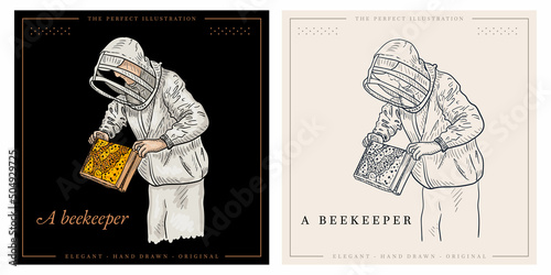 A beekeeper in protection suit with honeycomb sketch