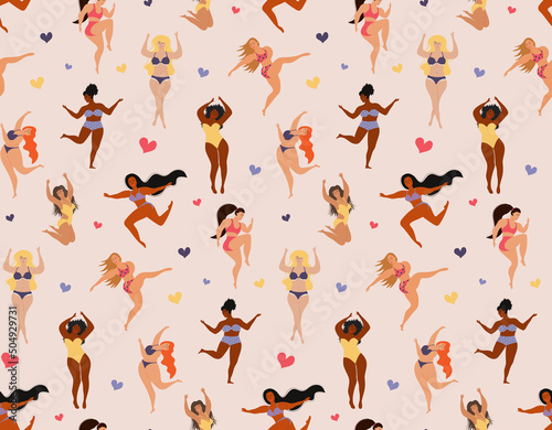 Seamless pattern of body positive happy women and hearts. Body positive movement, active lifestyle and beauty diversity.
