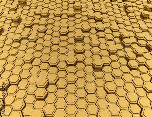 Abstract 3D geometric background, gold hexagons metallic shapes stacks, render technology illustration. 3d rendering