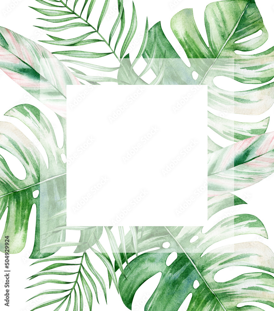 Watercolor illustration card with white square and monstera. Isolated on white background. Hand drawn clipart. Perfect for card, postcard, tags, invitation, printing, wrapping.