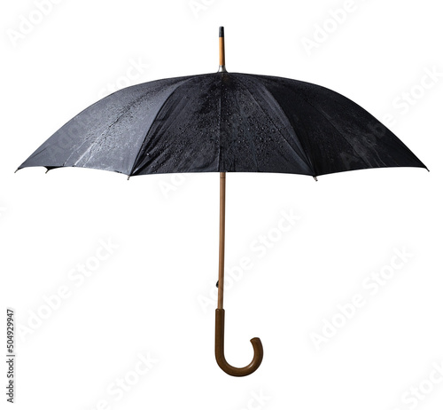 Black Wet Umbrella with Wood Handle on Transparent Background