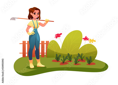 Female cartoon character doing farm work in the garden. Agricultural work. Woman gardener holding her hoe or mattock. Vector cute Illustration.