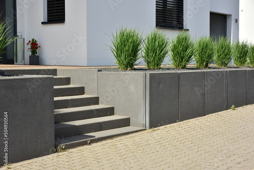 Geneigtes Wohngrundstück an Wohnhausneubau, neu terrassiert mit Natursteinmauer  oder Betonmauer und initiale Hinterpflanzung mit Ziergras, Gartenpflanzen, Zierpflanzen photo